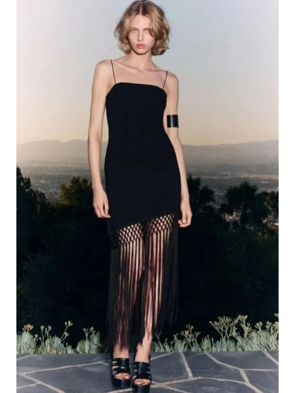 Zara ZW Collection Dress Womens Fringe Hem Short Medium Black 9433/178 NWoT